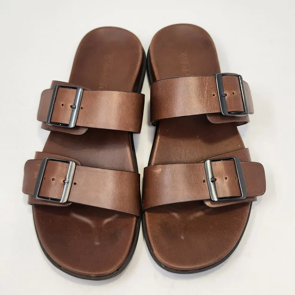 Vionic Charlie Double Strap Slip On Sandals Men Size 9 M Brown Leather Comfort